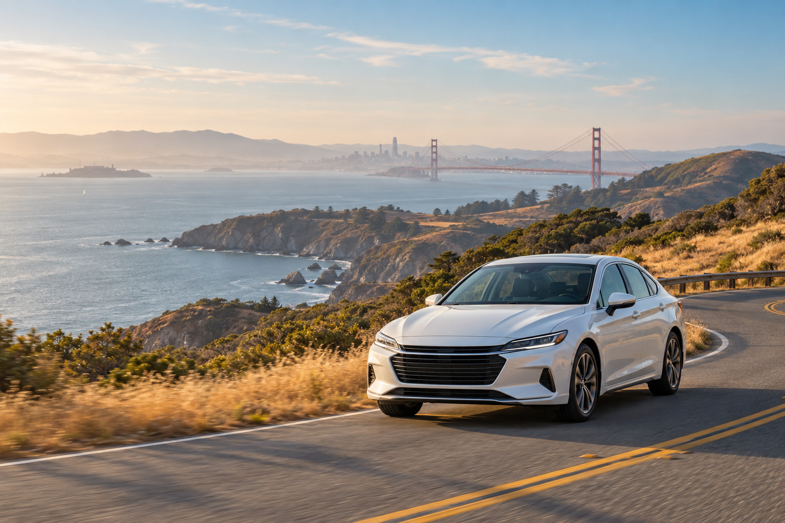Illustrative view of a sedan on a Bay Area coastal road
